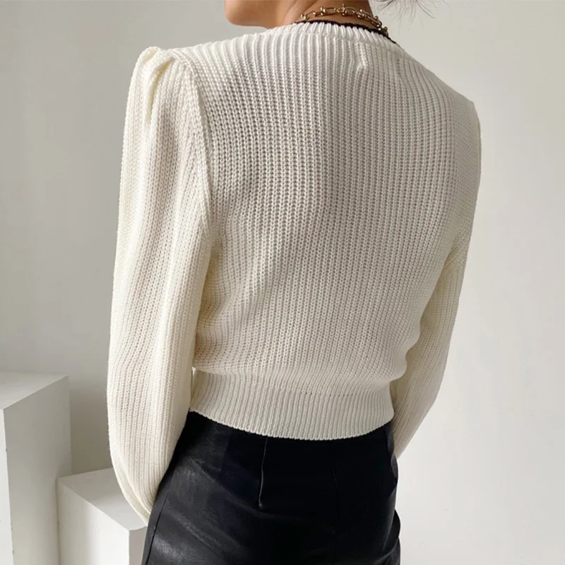 Ardm Fashion Sexy Square Neck Patchwork White Cardigan Women Autumn Long Sleeve Slim Vintage Women Cardigan Sweater Cropped Tops