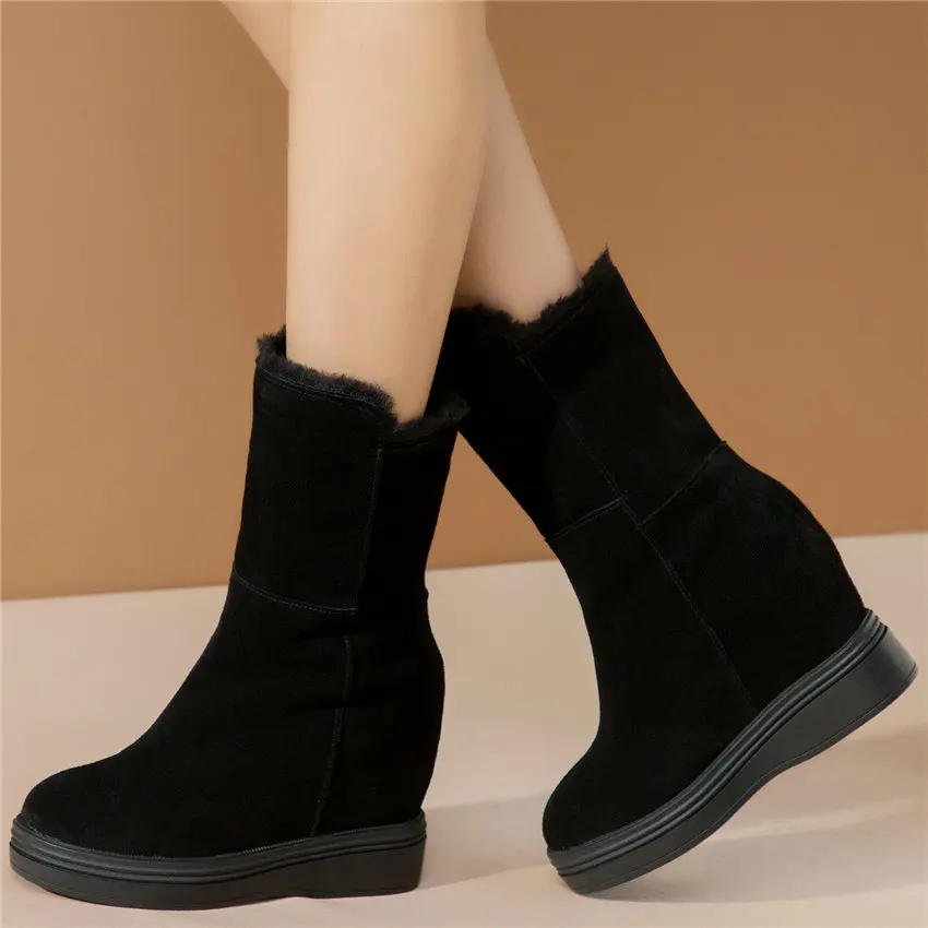 Fashion Sneakers Women Genuine Leather Wedges High Heel Pumps Shoes Female Round Toe Winter Warm Snow Boots Punk Long Trainers