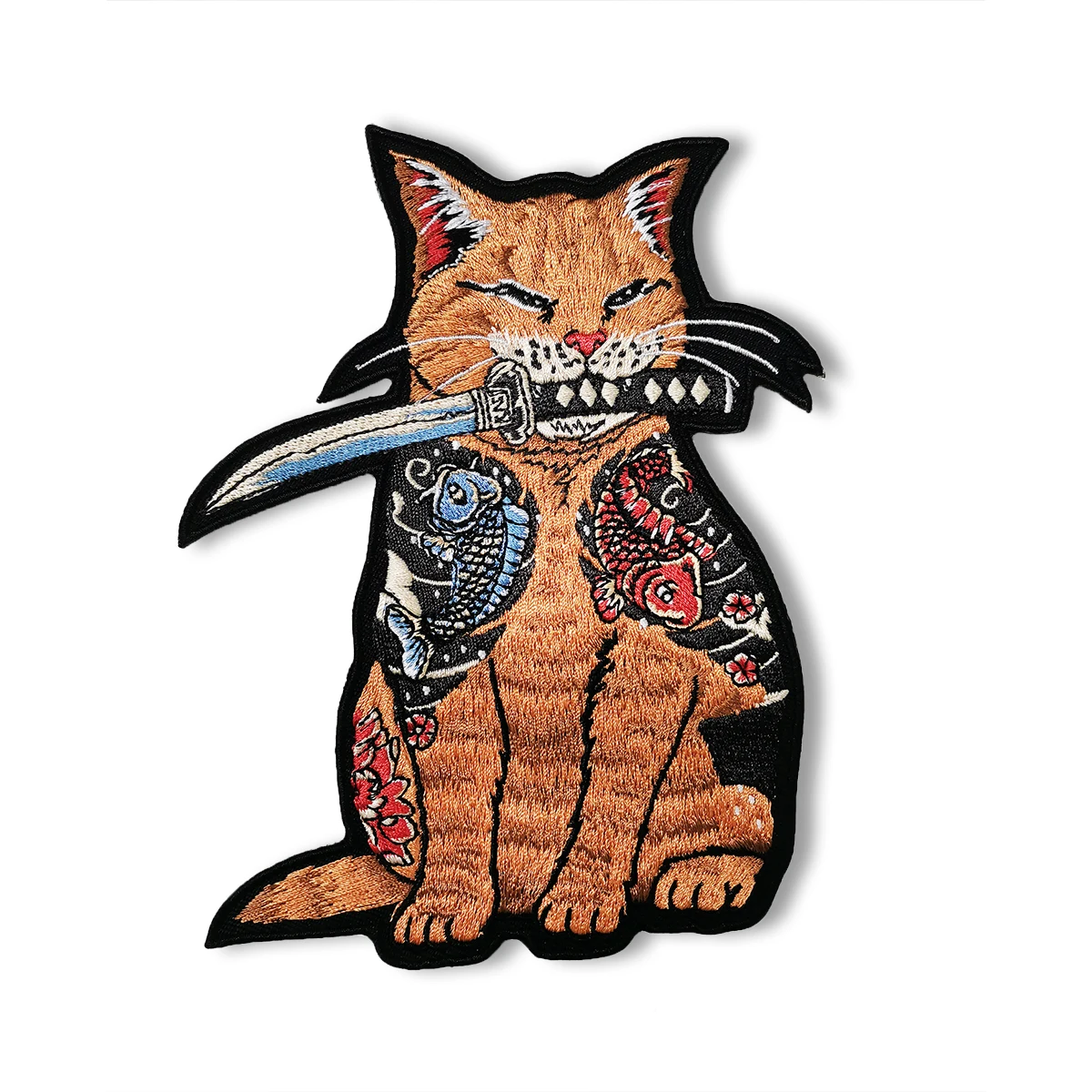 A Cat with a Knife in Its Mouth Embroidery Patches Iron on Patches for Clothes Japan Culture Style High Quality DIY