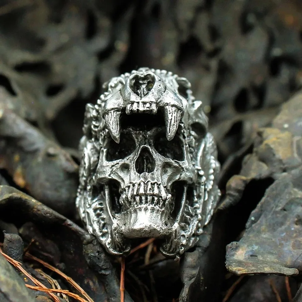 BEIER Vintage Indian Jaguar Warrior Skull Ring For Man Stainless Steel Unique Skull anel Punk Rock Jewelry BR8-695