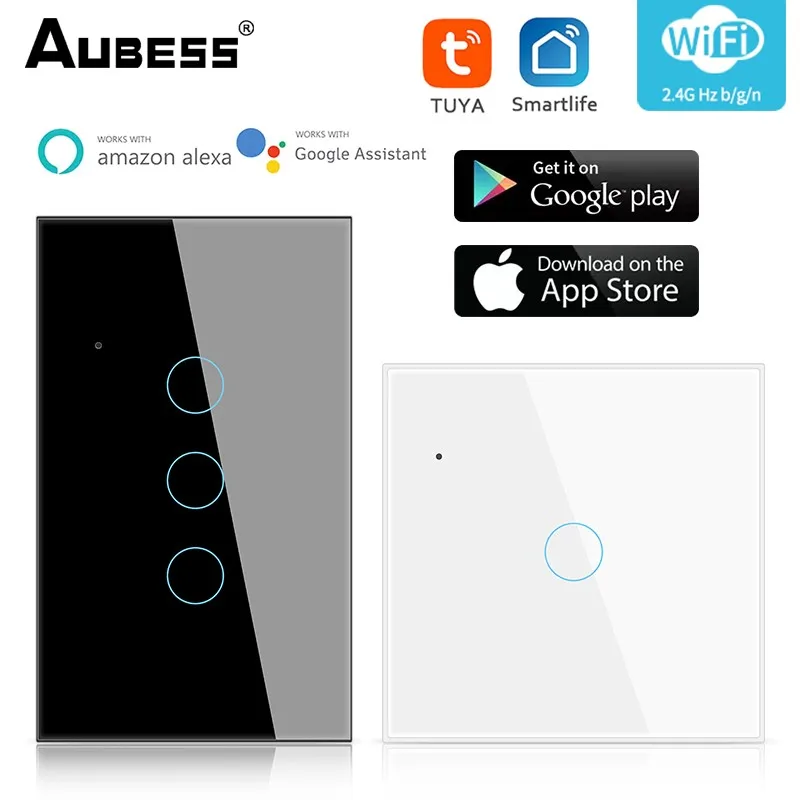 Умный выключатель AUBESS Tuya с Wi-Fi, стеклянная панель, сенсорный выключатель, голосовое управление, поддержка Alexa, Google Home, Alice