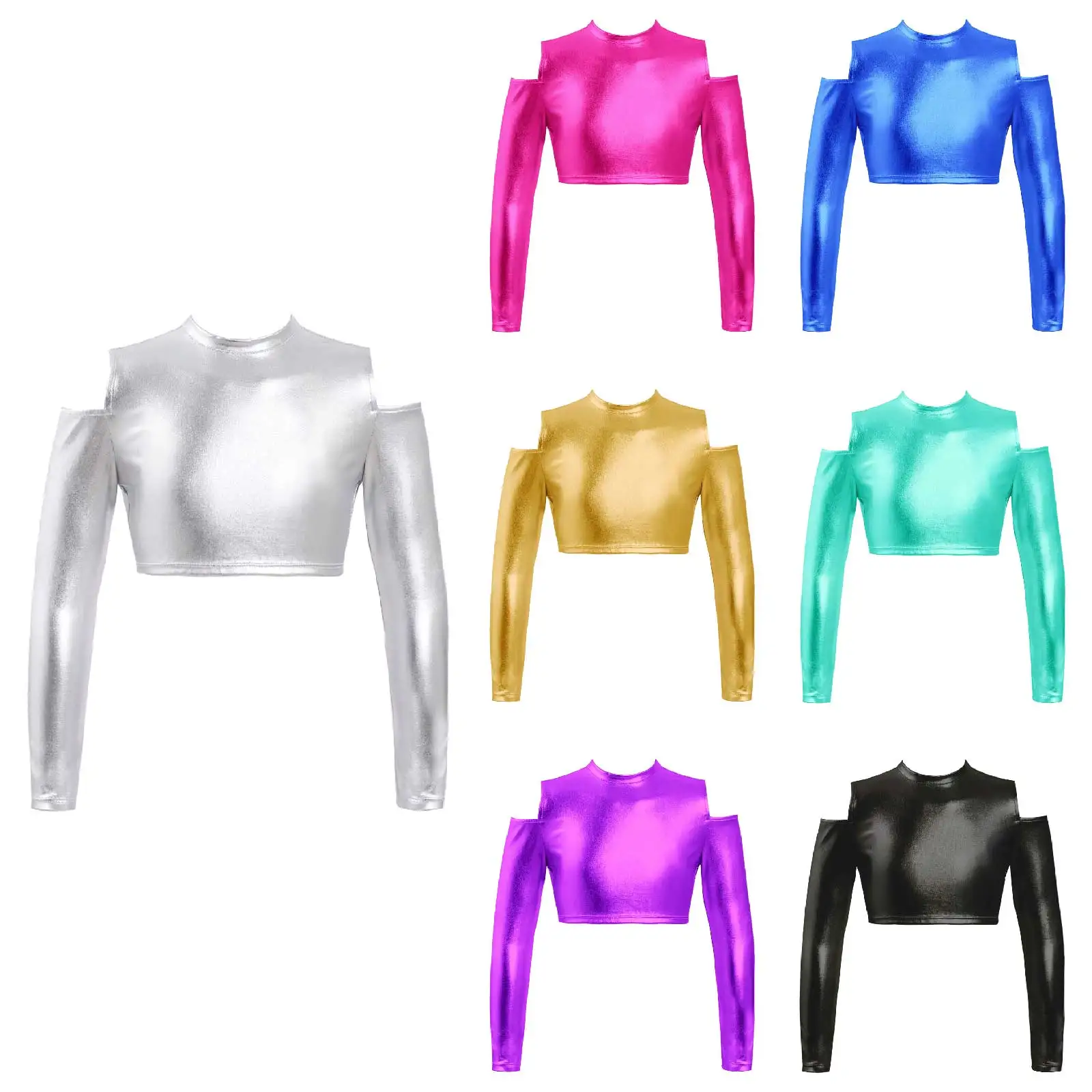 Children Kids Girls Metallic Crop Top Ballet Costume Long Sleeves Off Shoulder Glossy Shiny Short Crop Tops Hip-hop Jazz Dance