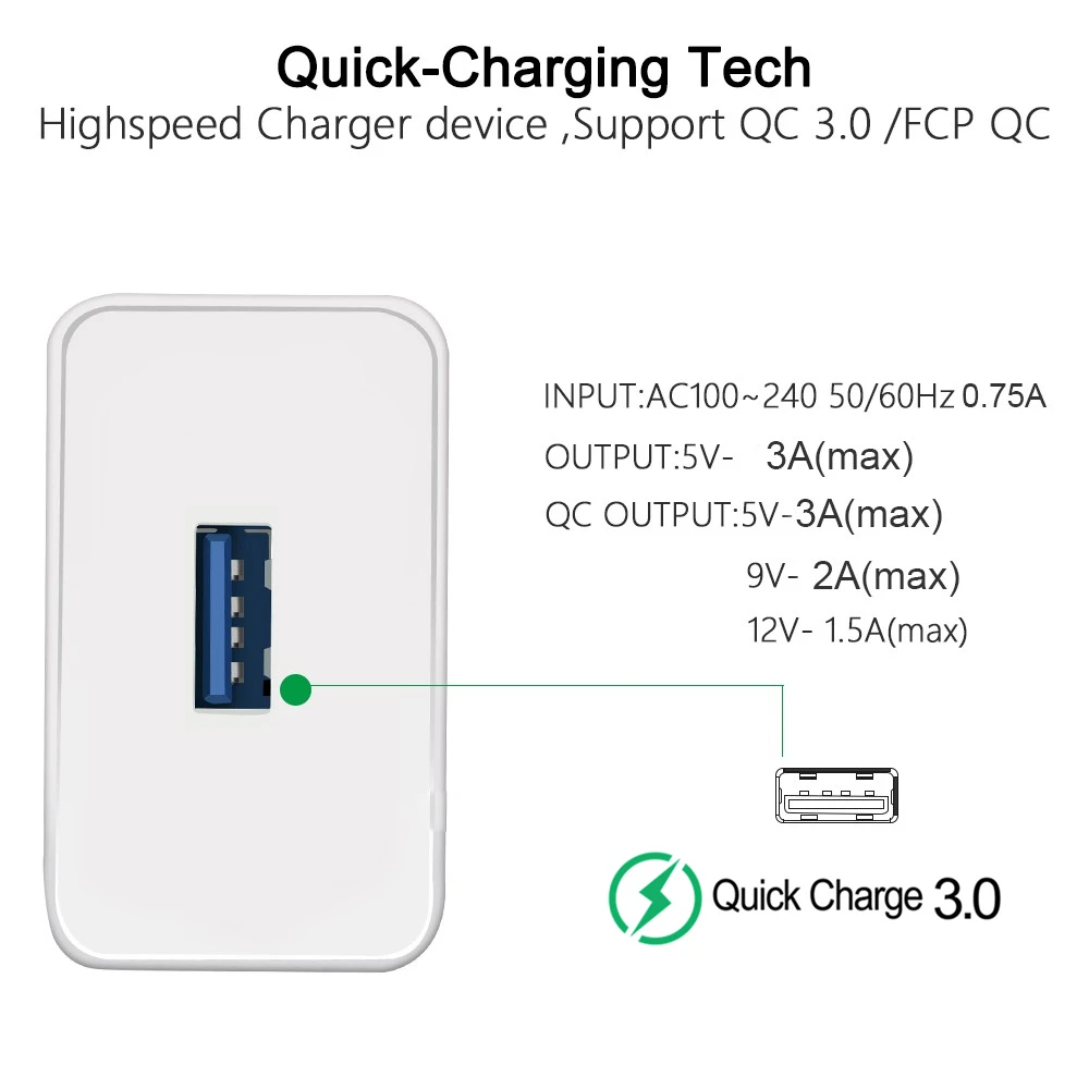 QC 3.0 USB Charger Quick charge 3.0 for iphone Samsung Xiaomi Huawei EU Adapter Charging Mobile Phone Charger Micro USB C Cable