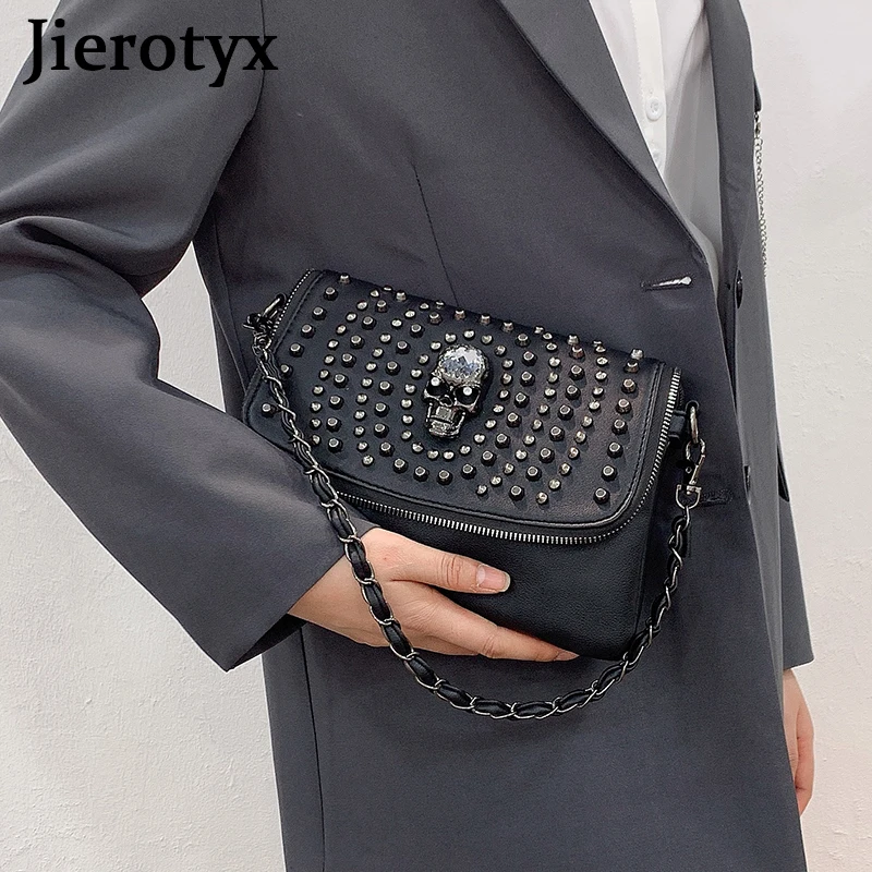 JIEROTYX New Design Women Shoulder Bag Vintage Punk Skull Tote Black Leather Crossbody Bags Fashion Rivet Hot INS Great Quality