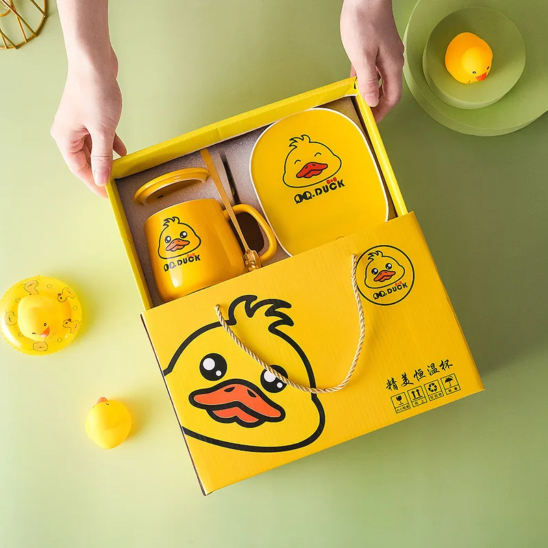 Little Yellow Duck Mug Smart Constant Warm Cup Milk Coffee Heating Insulation Coaster Attemperator With Spoon Gift Package