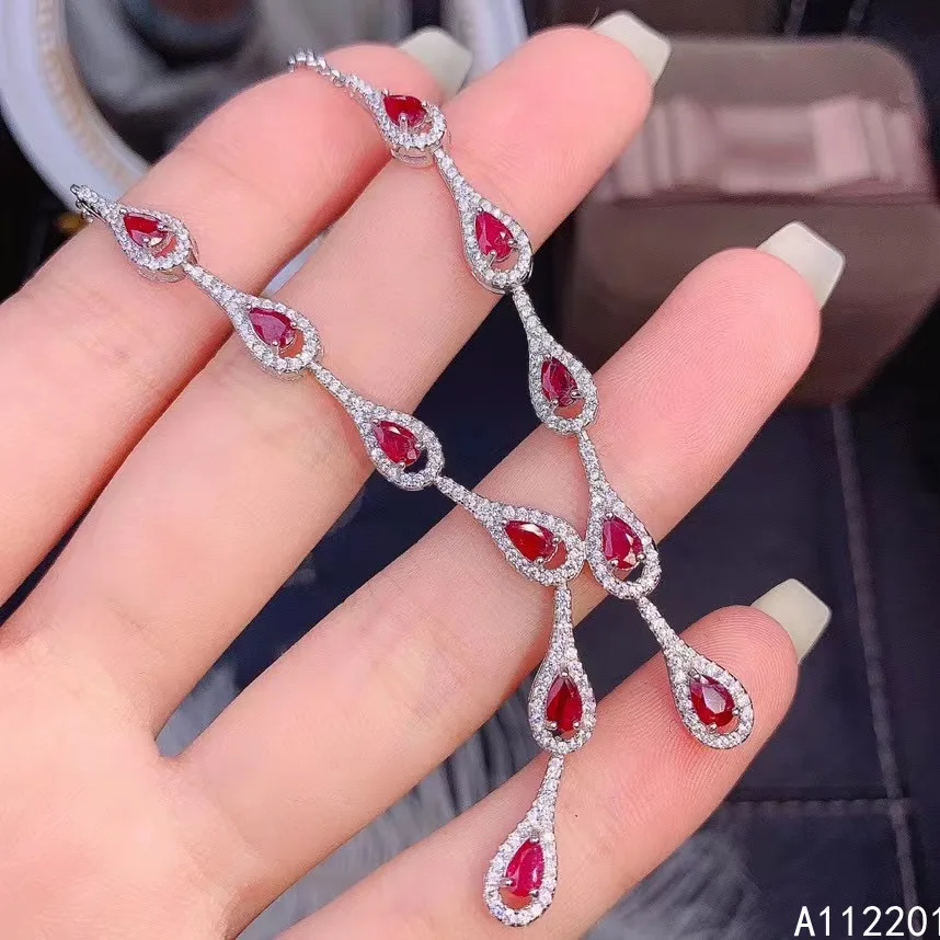 Exquisite Jewelry 925 Sterling Silver Inlay With Natural Gems Women's Classic Lovely Water Drop Ruby Pendant Necklace Support De