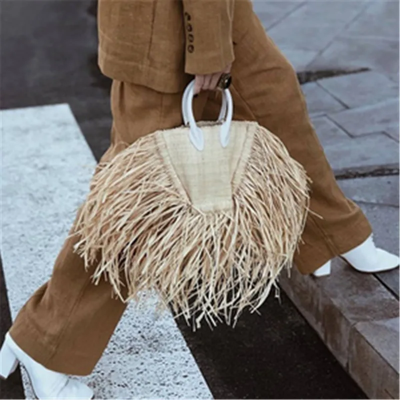 brand tassel Woven raffia straw Beach Bag Woven Shoulder Bag Raffia Circle Rattan Bags Bohemian Summer Vacation Casual bag