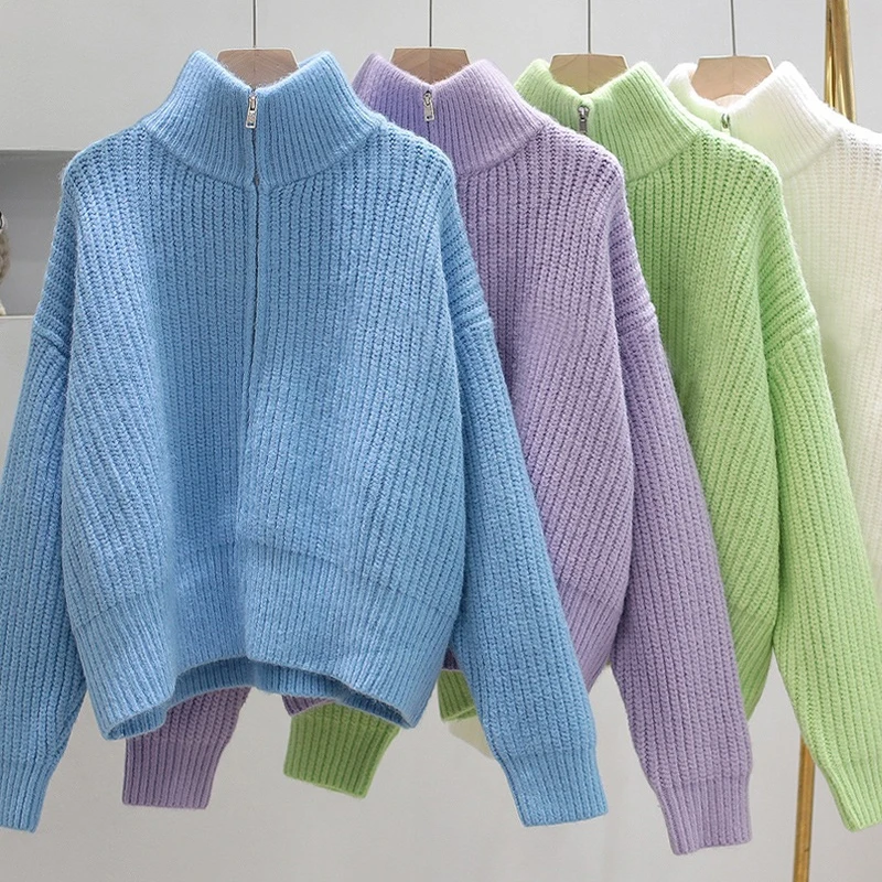 

2021 New Women Cardigan Sweaters Autumn Winter Warm Zipper Up Ladies Casual Loose Solid Knitwear Chic Sweatercoat Clothes