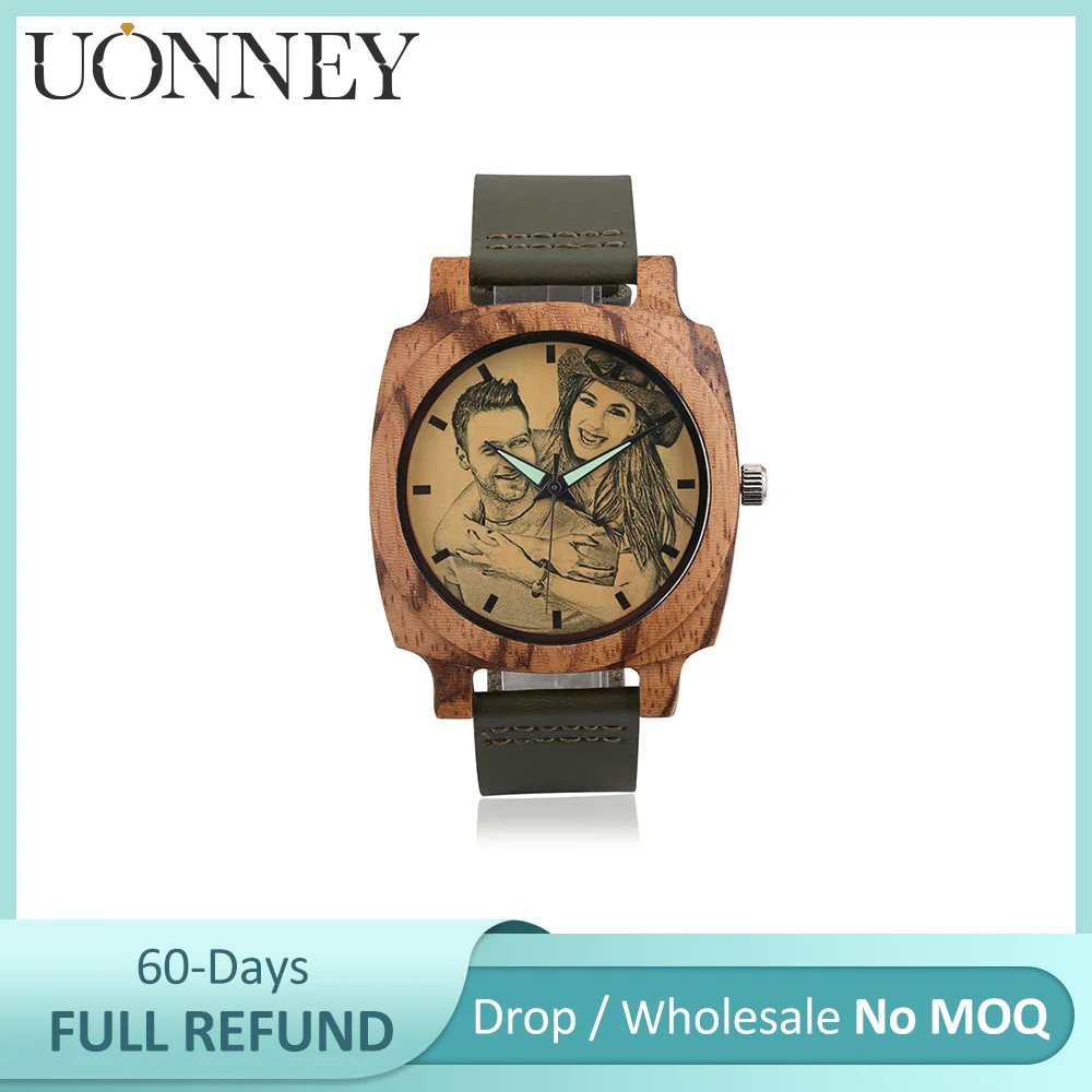 UONNEY Dropshipping Personalized Engraved Square Zebrawood Photo Watch Army Green Leather Band Anniversary Gift for Dad Beloved