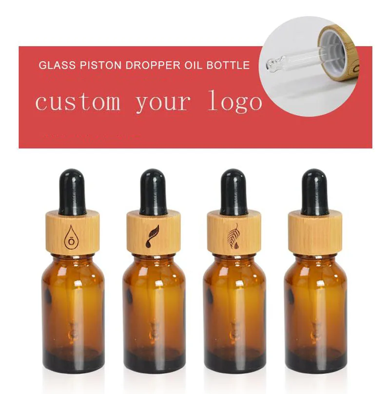 30pcs 5 10 15ml 30ml 50ml Clear Amber Glass Dropper Bottles With Bamboo Cap 1oz Bamboo Essential Oil Bottle Logo Custom