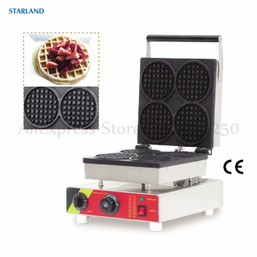 Máquina de Waffle de cuatro formas redondas, gofre belga clásico, máquina de fabricación de refrigerio comercial, con 4 Uds. De moldes