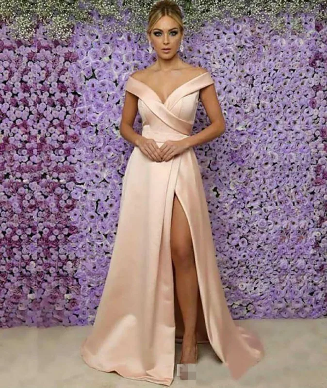 Plus Größe Off-Schulter Formale Abendkleider 2021 Meerjungfrau V-ausschnitt Oberschenkel-Hohe Schlitze Mädchen Prom Party Kleid Nach satin