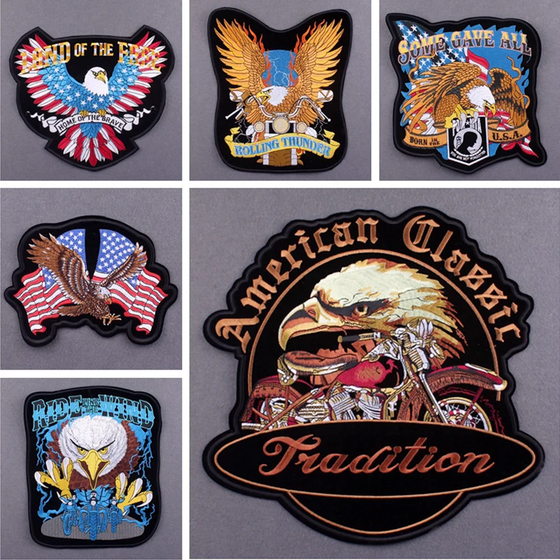 Eagle Embroidery Patches Large Biker Patches On Clothes Punk Big Skull Badges Embroidered Patch Jacket Coat Accessories Stripe