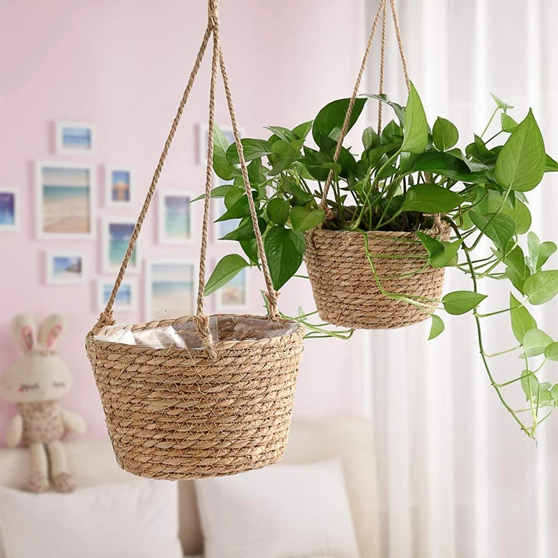 Hanging Planter Straw Rope Woven Wall Hanging Plant Storage Basket  Flower Pot Hanger For Wall Decoration Countyard Garden