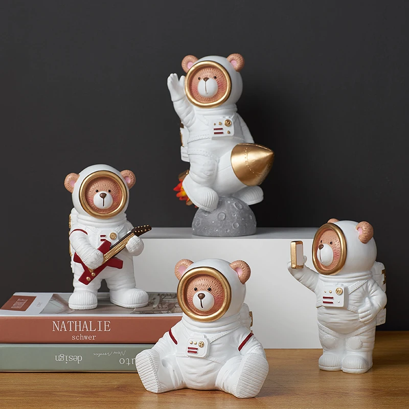 NORDIC CREATIVE ASTRONAUT ROCKET ART SCULPTURE ANIMALS CUTE SPACE BEAR STATUES RESIN ART&CRAFT HOME DECORATION ACCESSORIES R2501