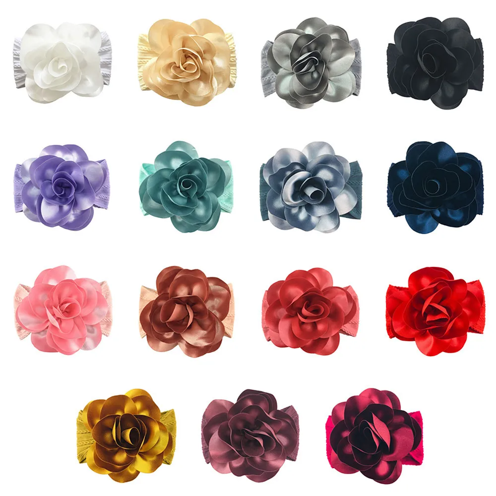 Infant Solid Color Striped Nylon Headband Cute Handmade Flowers Elastic Wide Hairband Sweet Kids Hair Accessories Baby Headwear