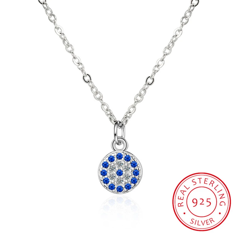 Genuine 925 Sterling Silver Necklace Turkey Round Evil Of Eye Necklaces AAA CZ For Women Link Chain Jewelry  KLTN021