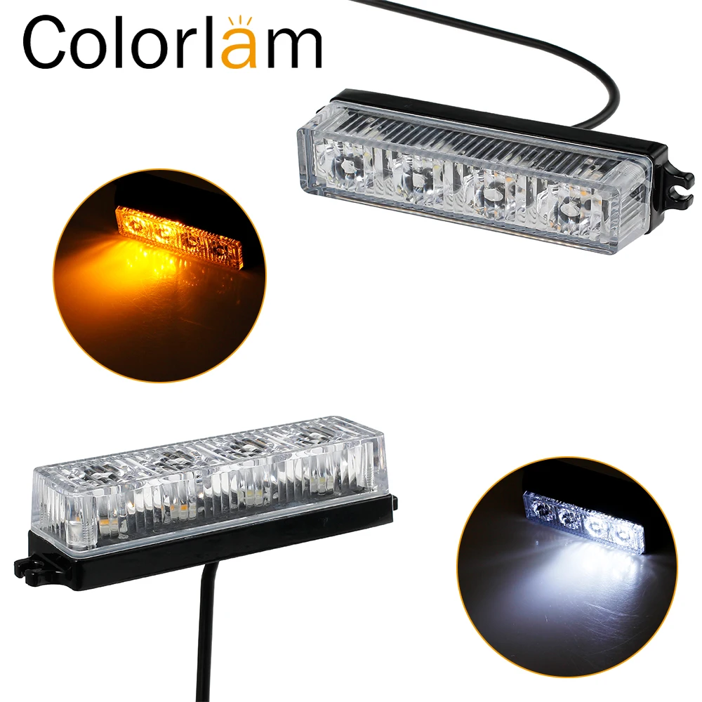 Colorlam 2pcs DC12V/24V 4LED Amber/White Car Emergency Light Strobe Flashing Lights Recovery Breakdown Lamp for Truck Van