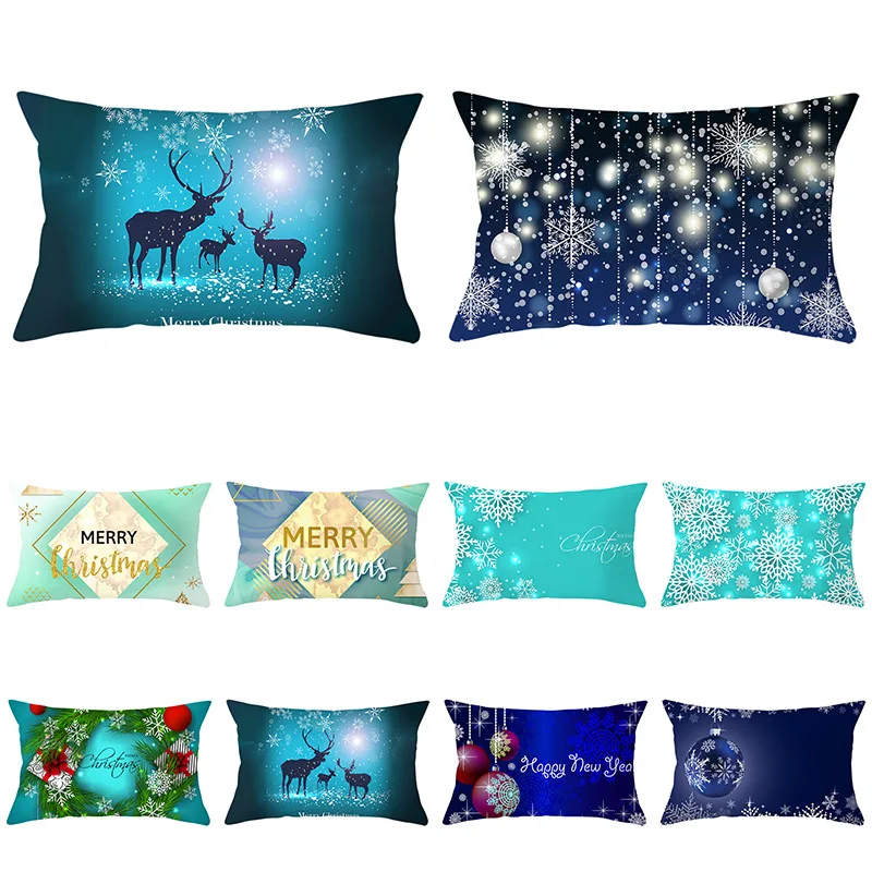 

Merry Christmas Blue Cushion Cover 30x50cm Xmas Farmhouse Home Holiday Decor Rectangle Pillow Cover Lumbar Throw Pillowcases