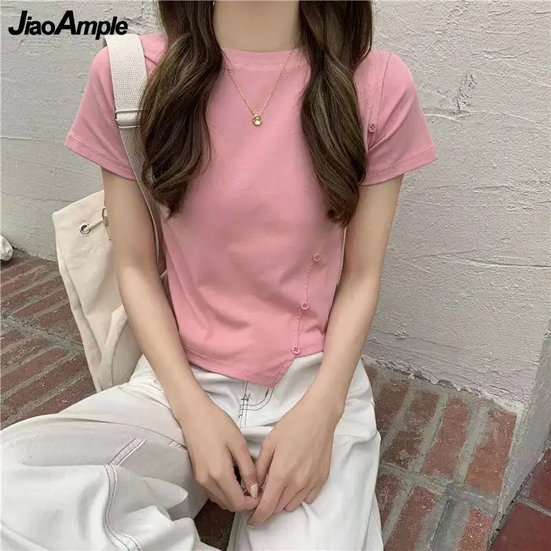 Irregular Short Sleeved T Shirt Women Summer 2021 Student Leisure Fashion O-Neck Solid Tops New Ladies Korean Simple Pink Tees