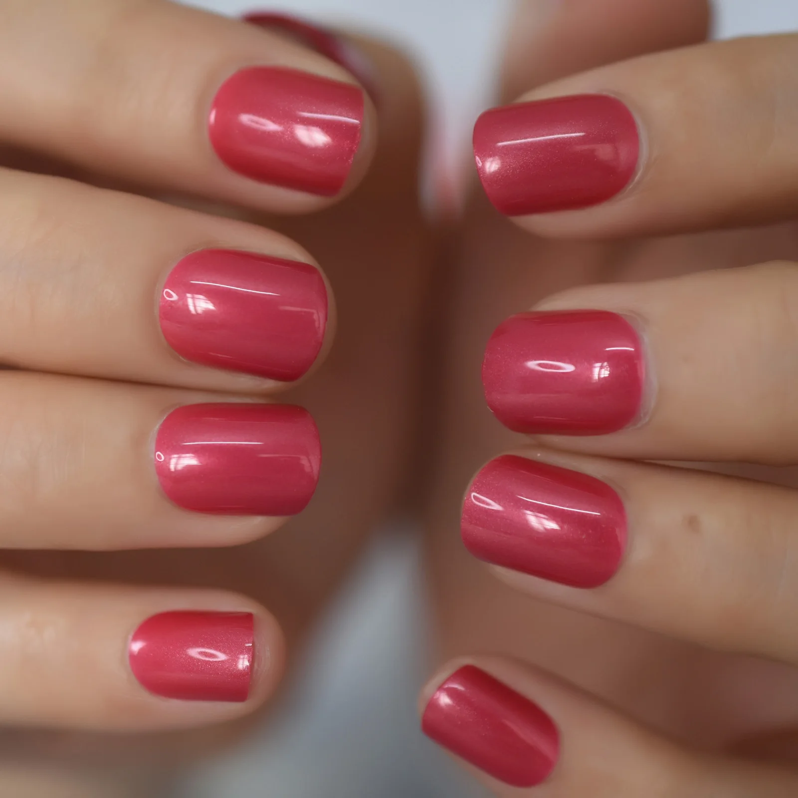 Glossy Roze Rode Korte Vierkante Kunstnagels Manicure Druk Op Nep Nagels Tips Dagelijkse Kantoor Vinger Slijtage 24 Stks/set