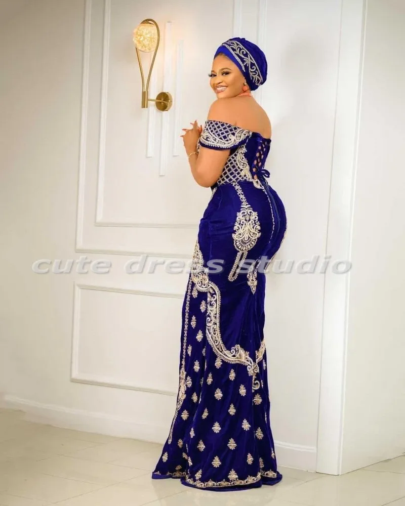 Formal African Blue Evening Dresses Long Customized Lace Applique Aso Ebi Mermiad Prom Gowns For Women Wedding Party Dress