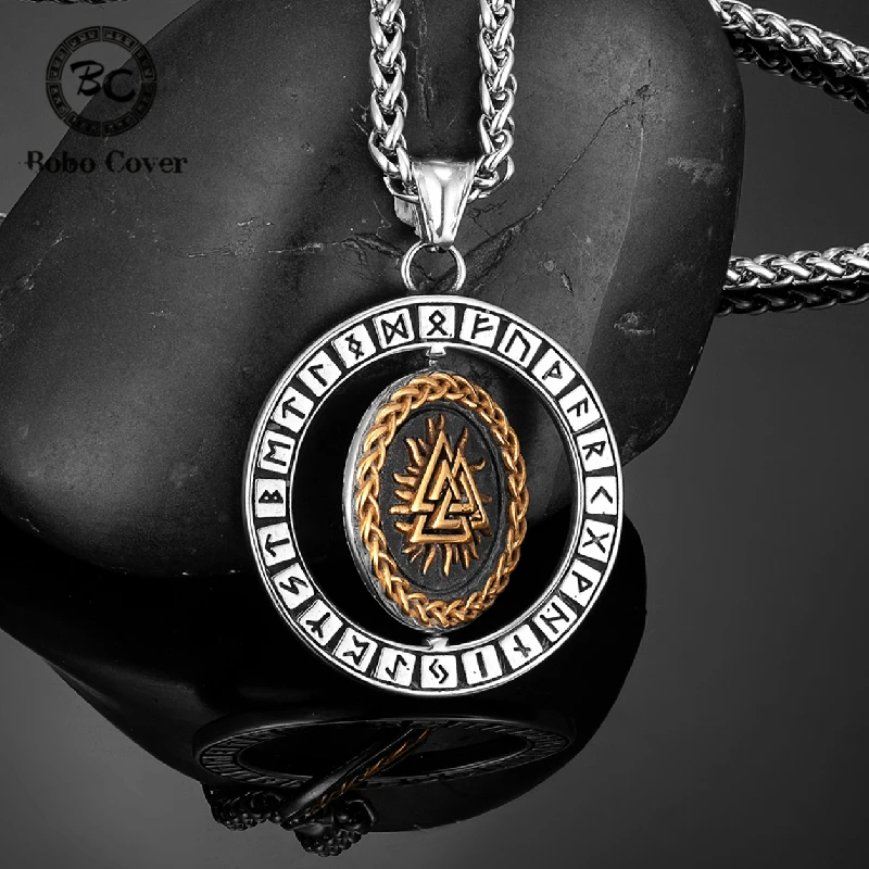 Rotation Viking Runes Compass Necklaces Mens Norse Triangle Valknut Vegvisir Amulet Pendant Stainless Steel Scandinavian Jewelry