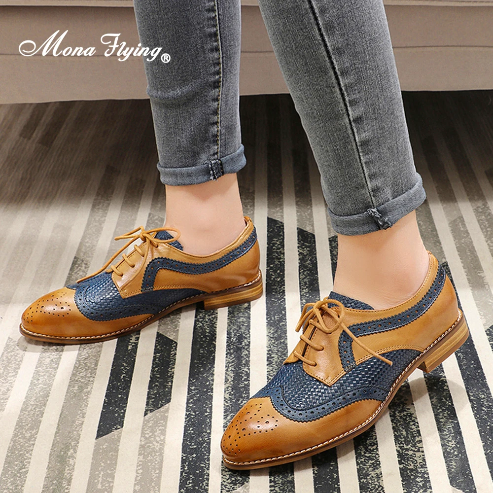 Mona Flying Women vera pelle Wingtip Oxfords Derby Brogues scarpe stringate Comfort fatte a mano per donna B098-9