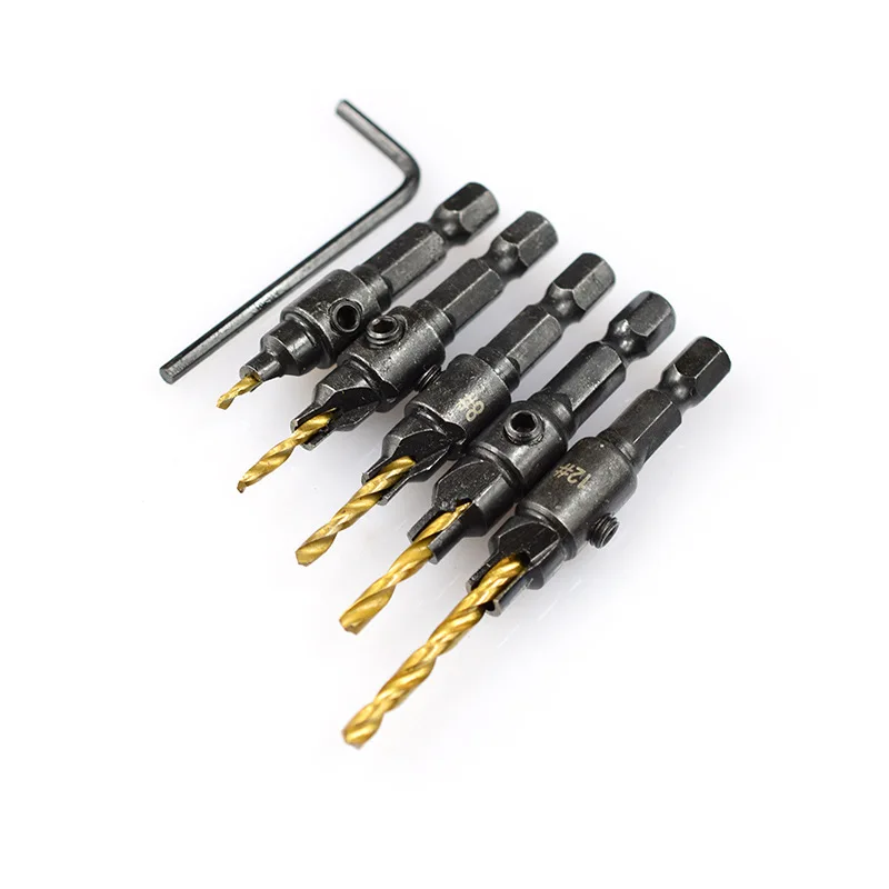 5pcs trapano svasatore Set di punte per trapano per legno fori pilota per viti dimensioni #5 #6 #8 #10 #12 utensili a vite con codolo esagonale