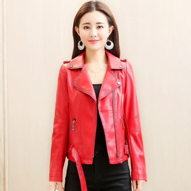 

2023 Spring New Women Slim Zipper Jacket Soft Faux Leather Jackets Biker Motorcycle Leather Coat Lady Casual Sheepskin Outerwear