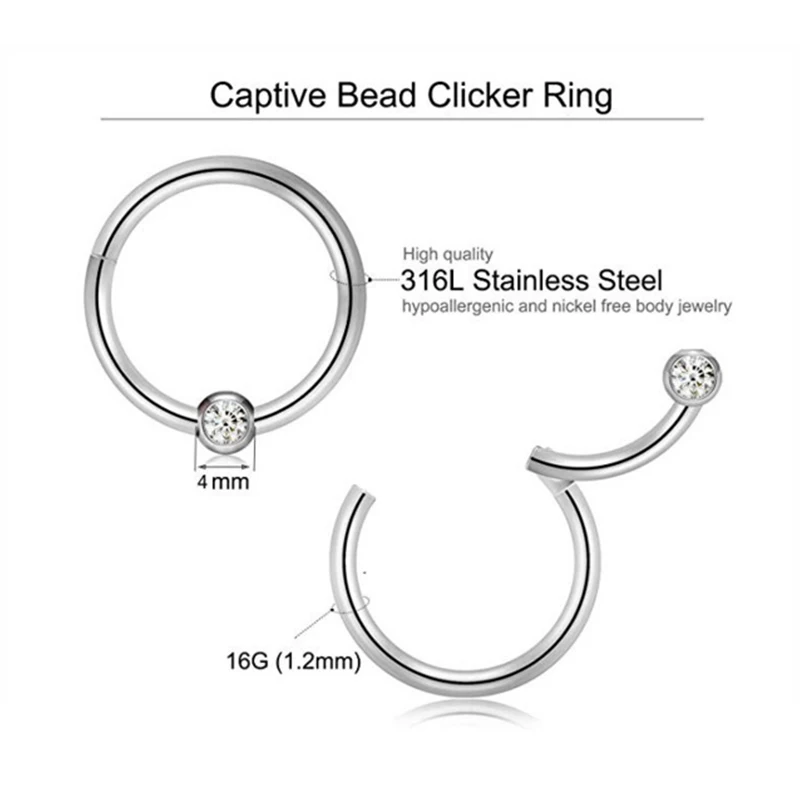 1Pc  Captive Bead Clicker Ring Gems Seamless Hinged Segment Ring Clicker Cartilage Nose/Lip Hoop Rings Septum 16g