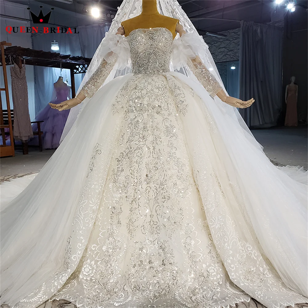 Luxury Ball Gown Wedding Dresses with Detachable Train Puffy Tulle Lace Crystal Beads Diamond Bridal Gown Custom Made JT28