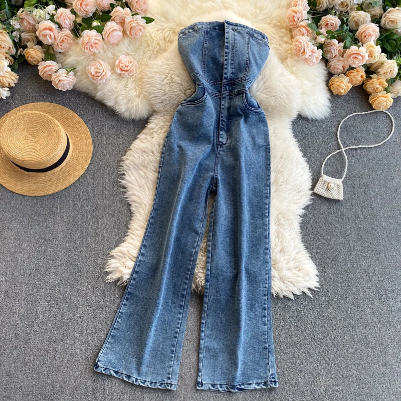 2022 summer Women off the shoulder Strapless Slim Denim Jeans wide leg Jumpsuits