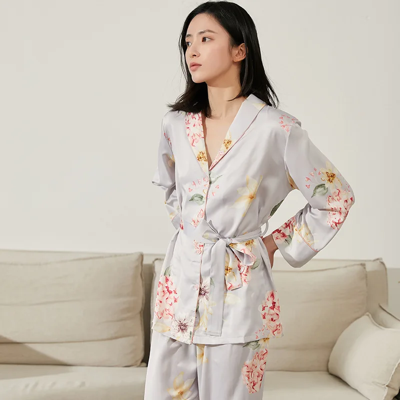 

Spring Autumn New Women Nightwear Sleep Set Intimate Lingerie 2PCS Pajamas Suit Print Flower Satin Casual Pyjamas Homewear
