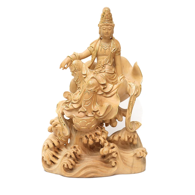 Boxwood Carved Water-Wave Guan yin, Handcrafted Wooden Bodhisattva Statue for Home Altar and Collection