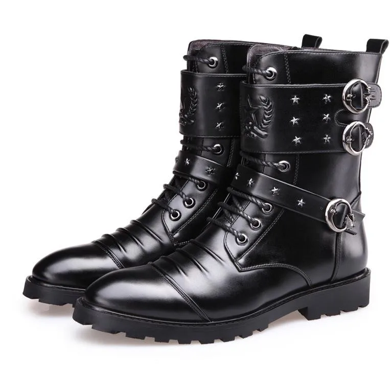 New Style Autumn Winter Punk  Boots Men Fashion Microfiber  Leather Motorcycle Boots Black Vintage High Top Buckle Boots