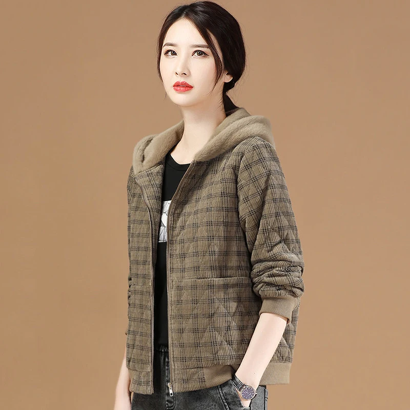 Casual Thin Women\'s Cotton Coat Corduroy Short Jacket 2024 New Autumn Winter Korean Add Thick  Lamb Wool Plaid Coat Female Tops