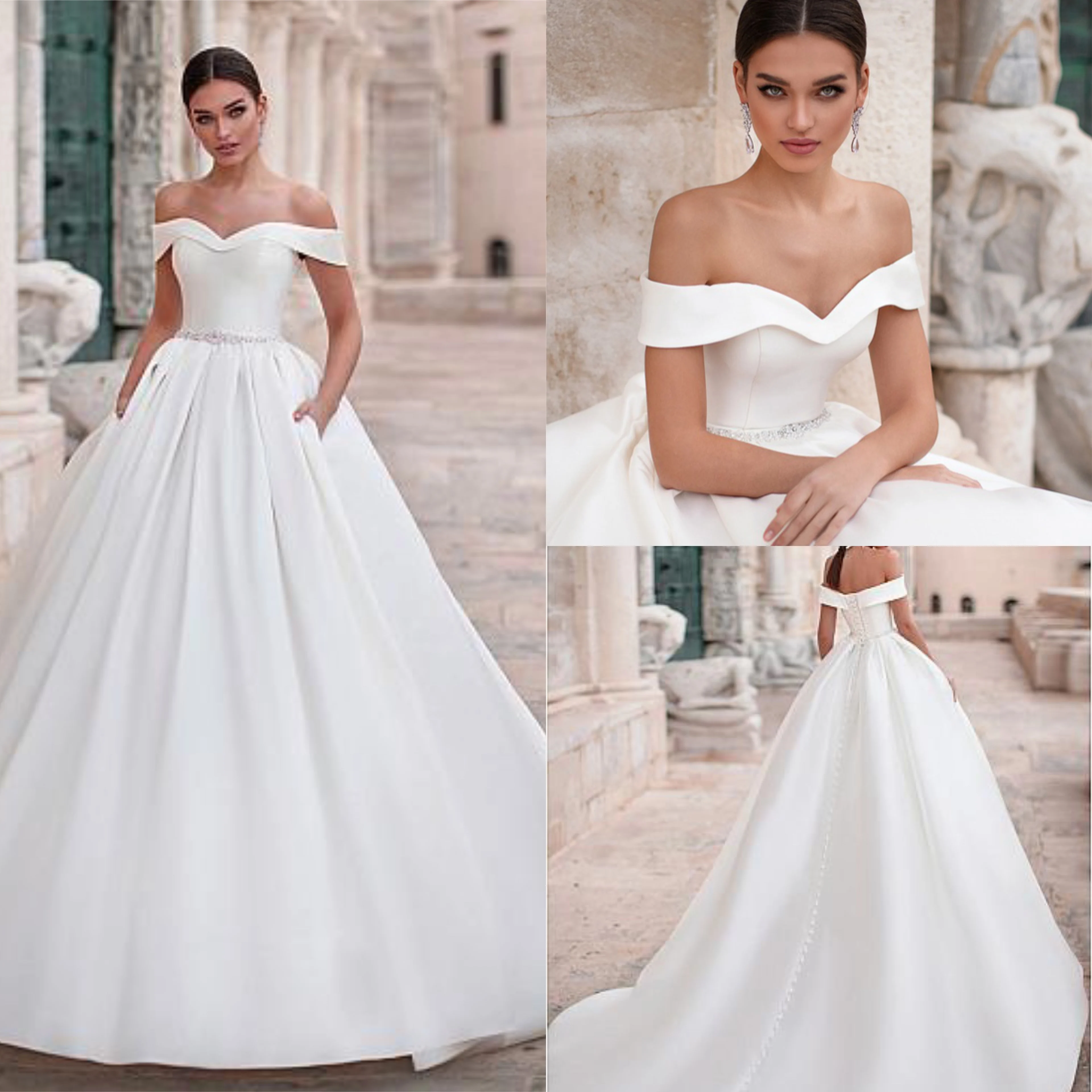 

Elegant Off the Shoulder Beaded Belt Satin Wedding Dresses A-Line Back Lace Up Bridal Dress Court Train vestido de novia