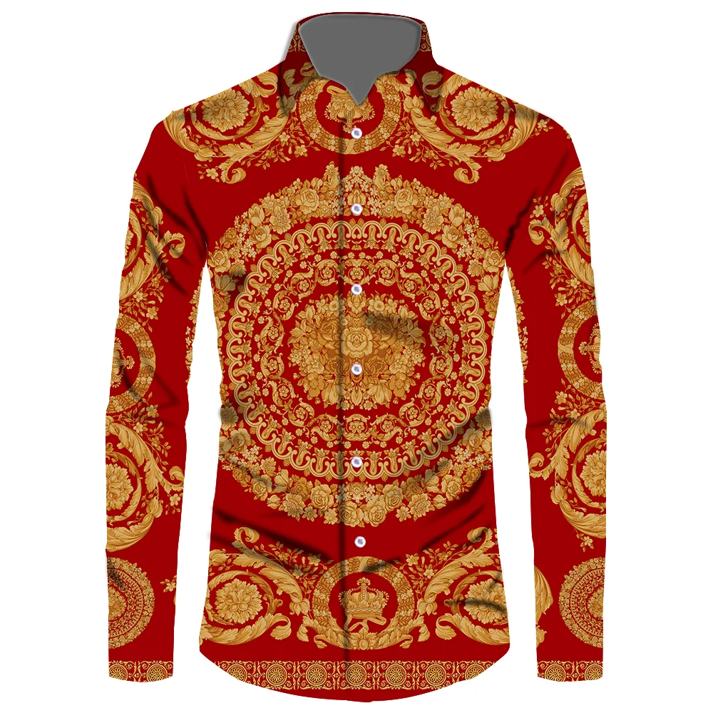 2021 New Casual Blouse Red Baroque Banquet Tops Black Gold Men Shirt Luxury Male Long Sleeve Print Tees