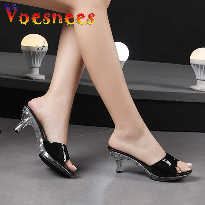 2022 New Summer Slippers Transparent Heel Slides On Female Brand Platform Sandals Women Thin High Heel 6.5CM Everyday Home Shoes