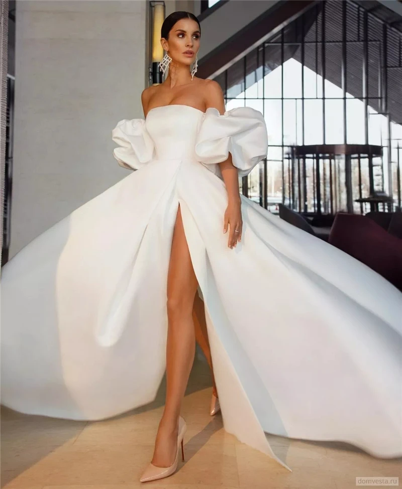 Sexy High Slit Satin Wedding Dresses with Detacbable Sleeves A-line Strapless Bridal Dress Court Train Couture Mariage image 2