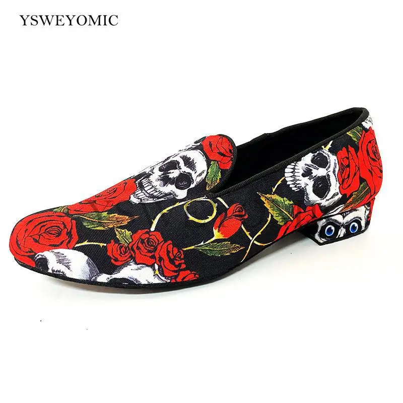 Zapatos de baile de tacón bajo para hombre, calzado de 2cm con calavera de Halloween, flor roja, tela latina, Bachata, Salsa, suela de cuero, 2021