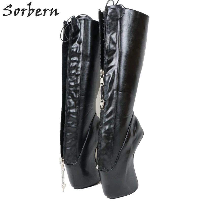 

Sorbern Matt Black Ballet High Heel Boots Women Lace Up Lockable Zipper Knee High Custom Wide/Slim Calf Fetish High Heel Shoes