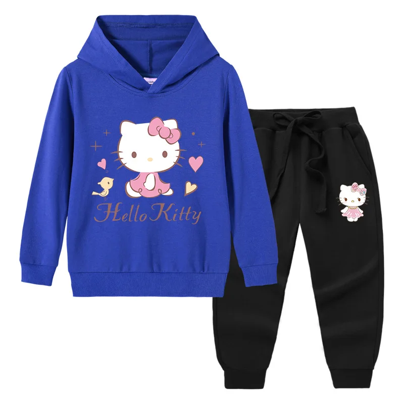 

Hello Kitty Children's Turtleneck Hooded Sweater Trousers Two-piece Boy Cartoon Sports Girls Pure Cotton Casual Long Sleeve Suit