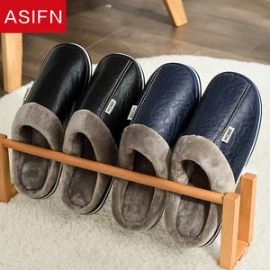 Waterproof Men's PU Leather Slippers, Interior Men's Shoes, Smooth Cotton Slipper, Skin, Large Size, Room, Winter Main Men's Men's Leather Slipper - №7