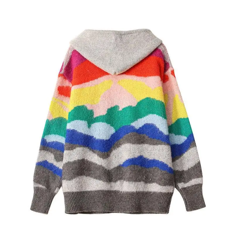 Women Hooded Hoody Sweaters Pearls Beaded Appliques Rainbow Stripped Sweaters Loose Knitted Long Casual Sweater Pullovers NS862