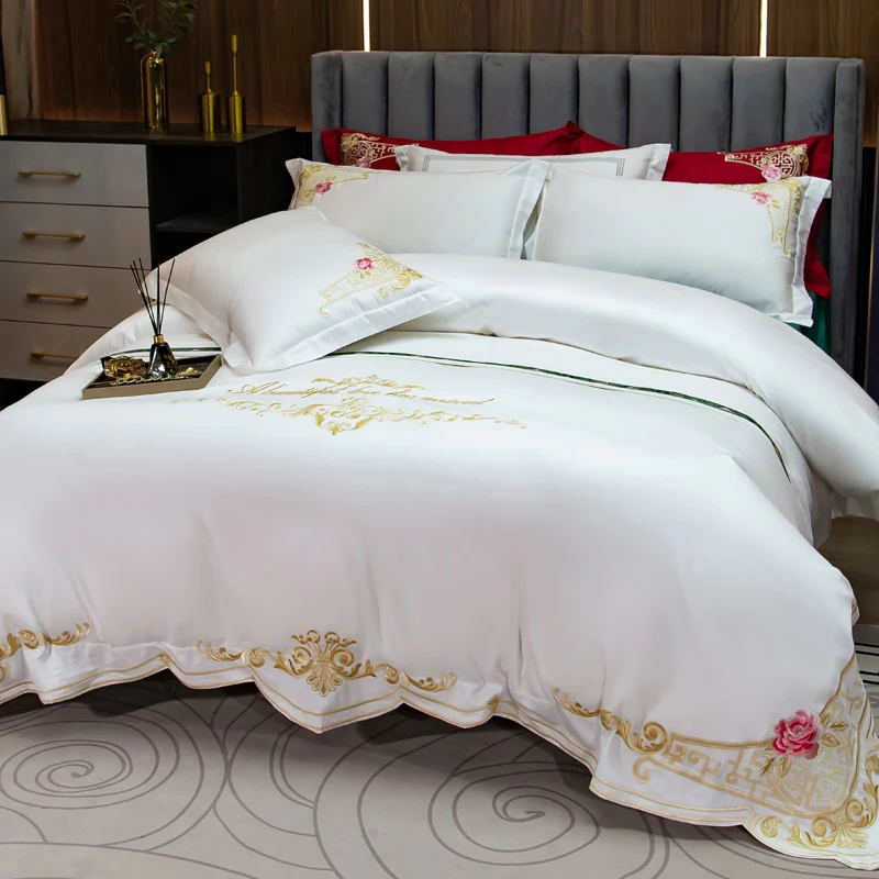 Luxury Golden Embroidery Bedding Set White Egyptian Cotton Solid Color Duvet Cover Bed Sheet Linen Pillowcases Home Textile