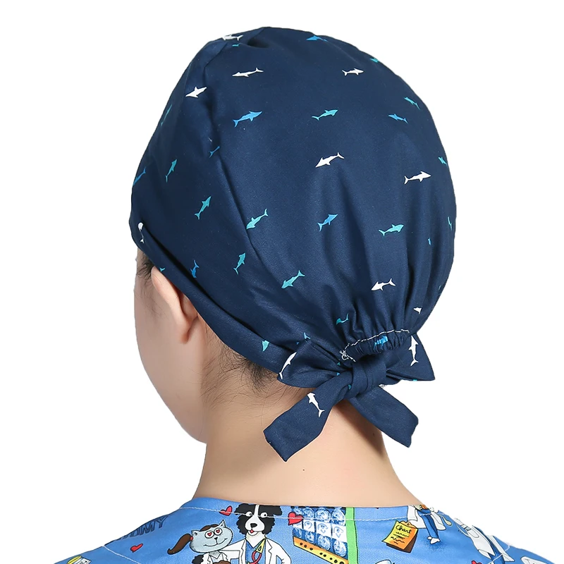 Unisex Cotton Scrubs Caps Cartoons Printed Sweatband Bouffant Hats Adjustable Work Wear Hats Beauty Salon Working Caps Wholesale