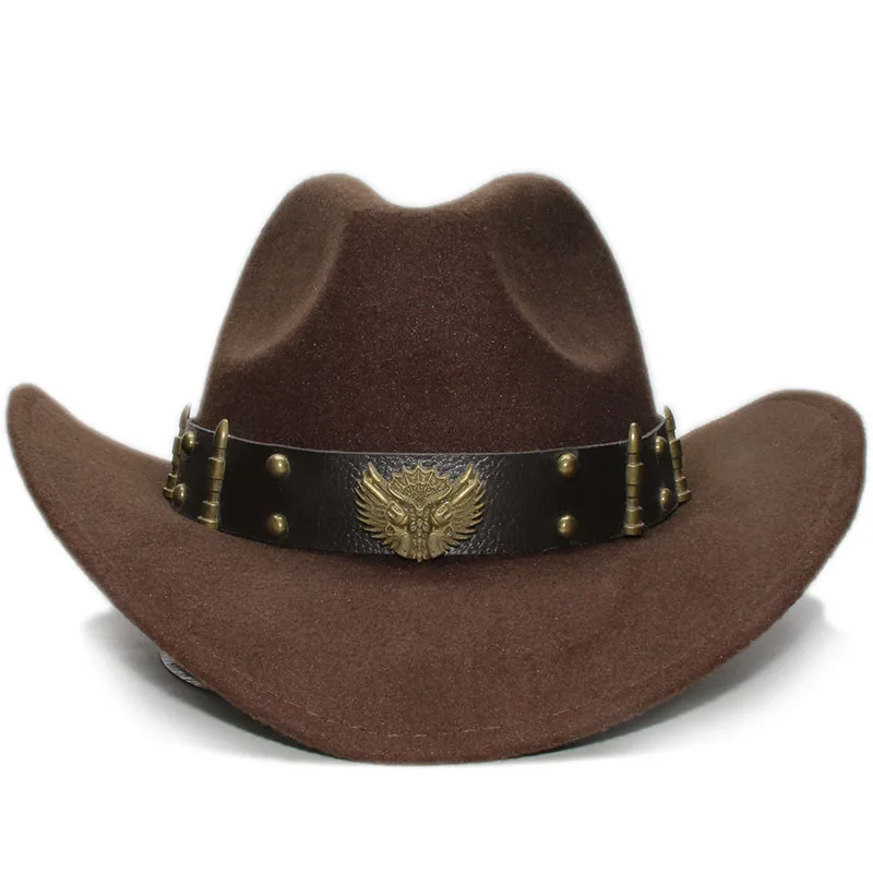 Chapeau de cowboy western à large bord en feutre de laine pour enfant, casquette melon, bande de cuir à deux pistolets, casquette sombrero, rétro,