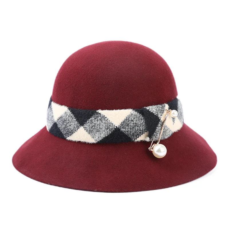 

X4059 New Wool Felt Hat Basin Cap Dome Top Wool Fedora Hat Winter Warm Stripe Decorative Hat Fisherman Hats Felt Cap Fascinator